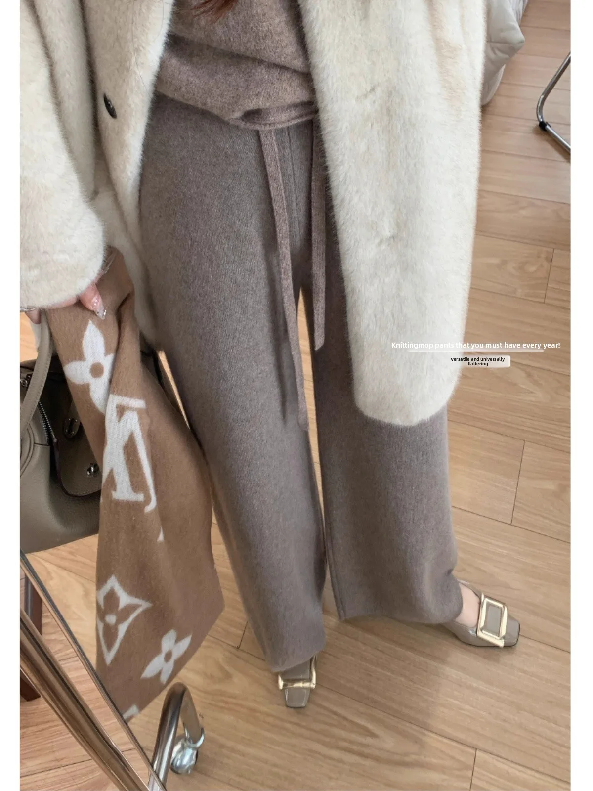 Oaeal Gebreide Wollen Wijde Pijpen Broek Dames Herfst Winter Rechte Casual Broek Afslanken Drapey Hoge Taille Pendelen Sle