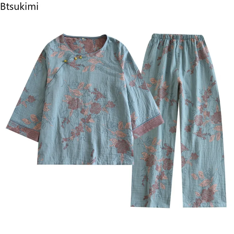 Women's Pearl Button Jacquard Chinese Style Pajama Sets Spring Autumn Thin Round Neck Home Suit Set Nightie Home Wear Outerwear