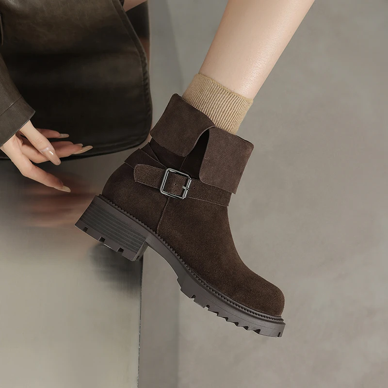 2026 autumn winter women ankle boots natural leather plus size 22-26cm cow suede round toe thick heel belt buckle short boots