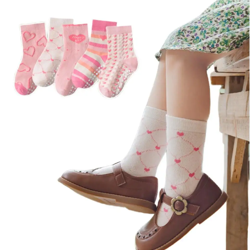 귀여운 러브 실내 디스펜싱 미끄럼 방지 양말, 만화 귀여운 코튼 트램펄린, 요가 아기 미드 튜브 양말, 남아 여아 바닥 양말, 1-12T, 5 개