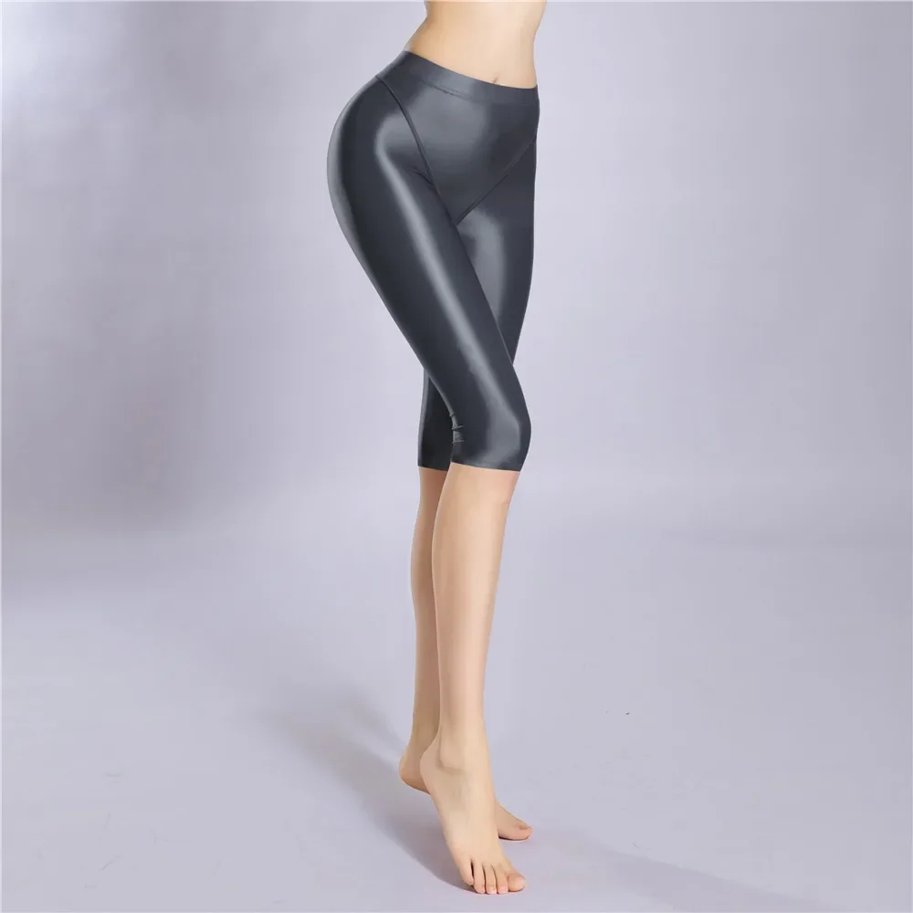 Women Shaping Short Stain Smooth Oil Glossy Shiny Elastic Shorts Sheer See Through Casual Plus Size Tight Yoga Short Maid Pant