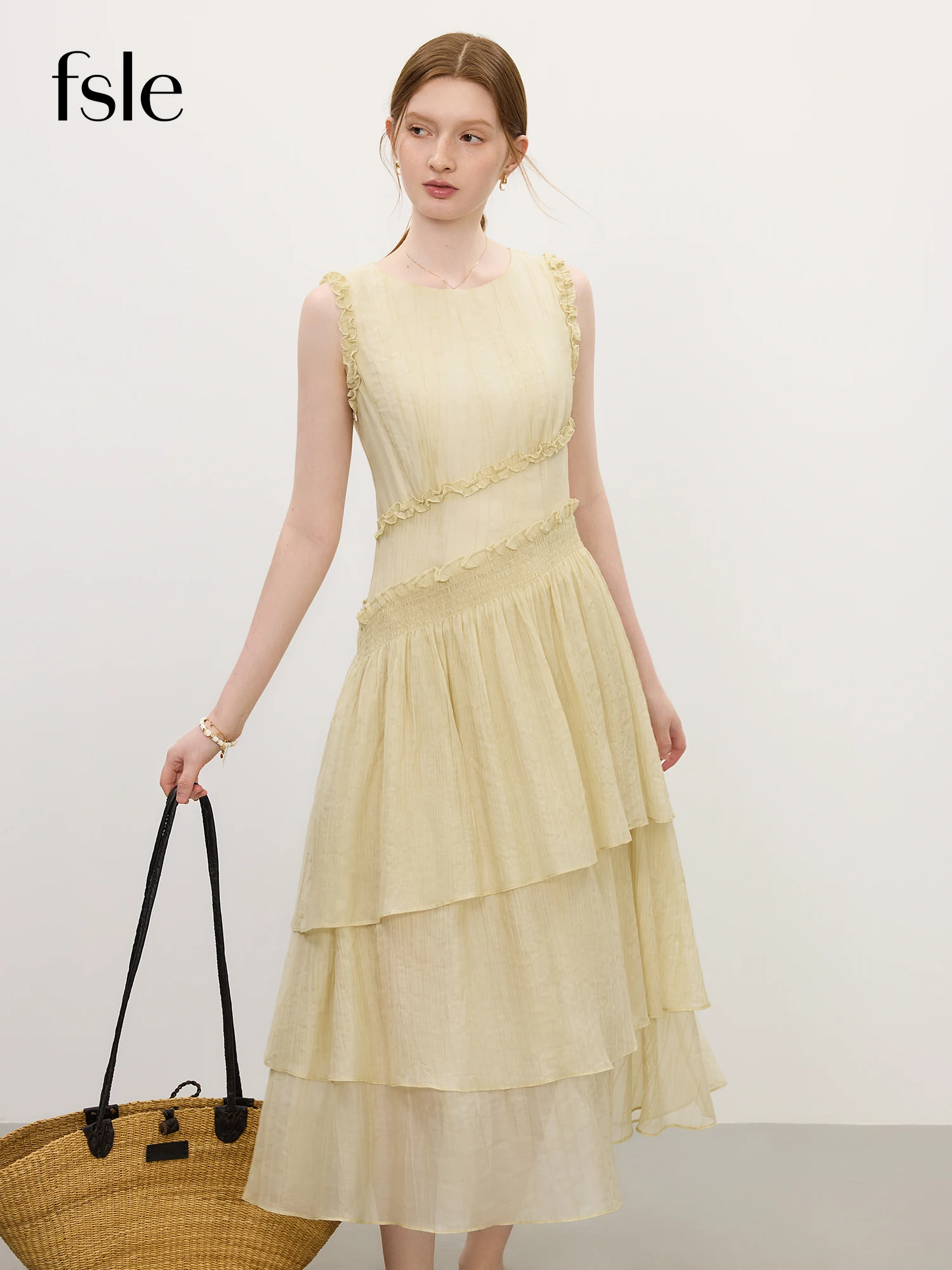 ​FSLE Summer 2025 Textured Pleat Dress - Fluid Asymmetric Hem Sleeveless Resort to Office Elegant Silhouette​