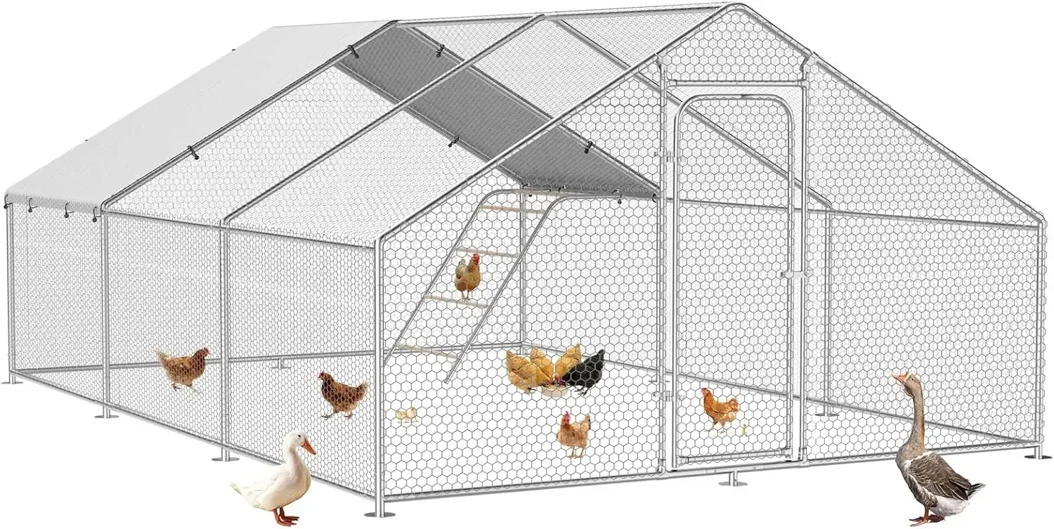Large Metal Chicken Coop with Perch, Chicken Run Pen Walk-in Poultry Cage with Waterproof & Anti-Ultraviolet Cover for Outdoor F
