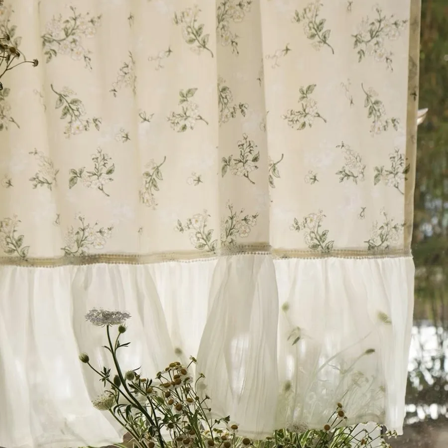 

Ruffle Curtains 1 Panel, Vintage Floral Lace Cream Sheer Curtains, Shabby Chic Decor Rod Pocket Ruffled Curtains for Living Room