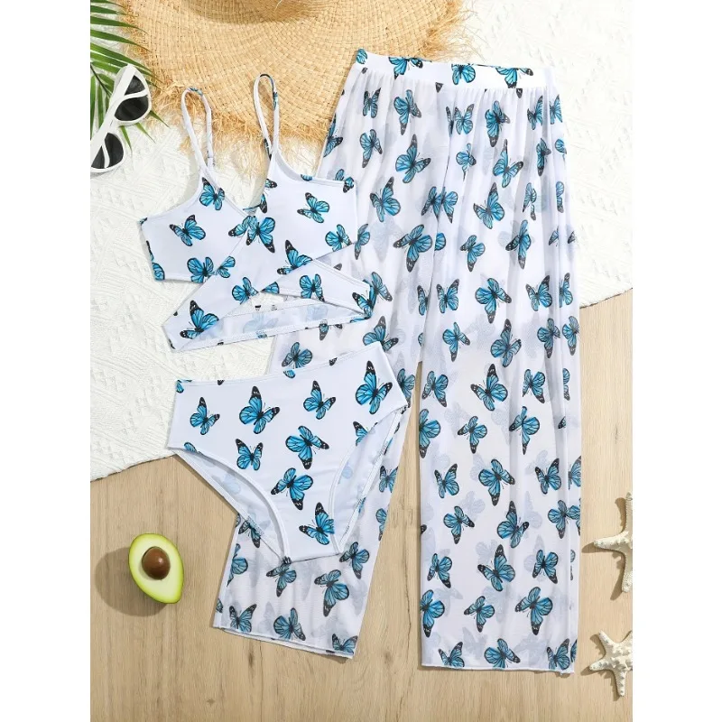

Girls 3pack Butterfly Print Cross Wrap High Waist Bikini Kids Swimsuit 8-12 Years Children's Swimwear Bathing Suit Beach Pants