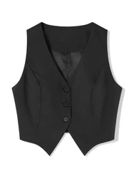 Women's Fashion Black Sleeveless Vests Casual V Neck Button Waistcoat Formal Business Tuxedo Shirt Slim Fit Cropped Blazer Vests