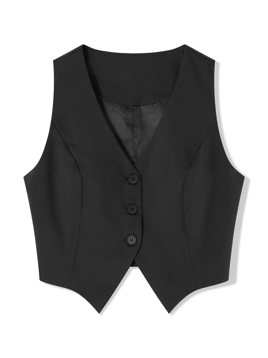 Women's Fashion Solid Sleeveless Vests Black V Neck Button Waistcoat Formal Business Tuxedo Shirt Slim Fit Cropped Blazer Vests