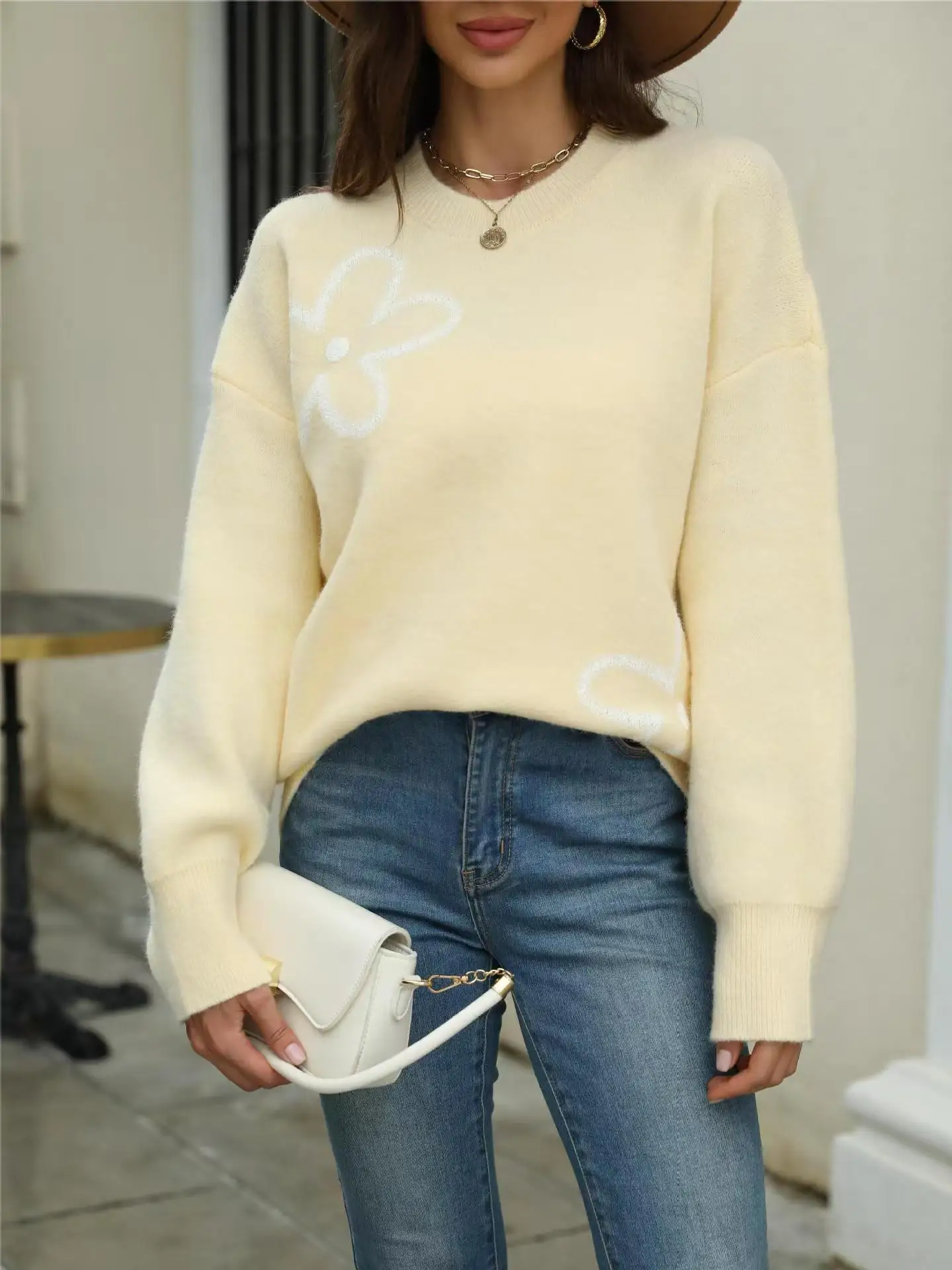 Autumn Floral Print Overhead Knit Sweater Loose round Ne Long Sve Women's Comfortable Faion Commute Sle Mid-Length