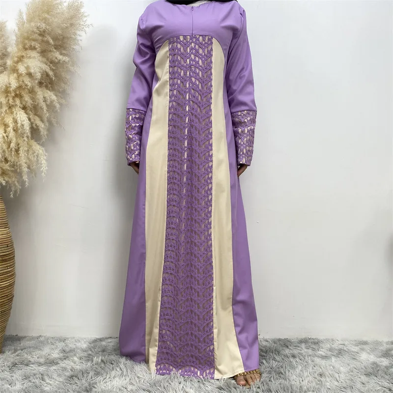 

Muslim Women Lace Maxi Dress Zipper Front Dubai Abaya Turkey Kaftan Islamic Clothing Arabic Robe Eid Ramadan Abayas Caftan Gown