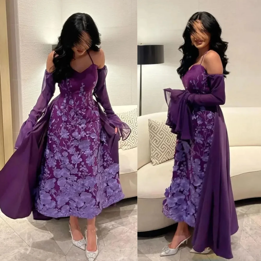 

Customized Exquisite Spaghetti Off-the-shoulder A-line Prom Dresses Flower Embroidery Chiffon Evening robe de soirée femmes