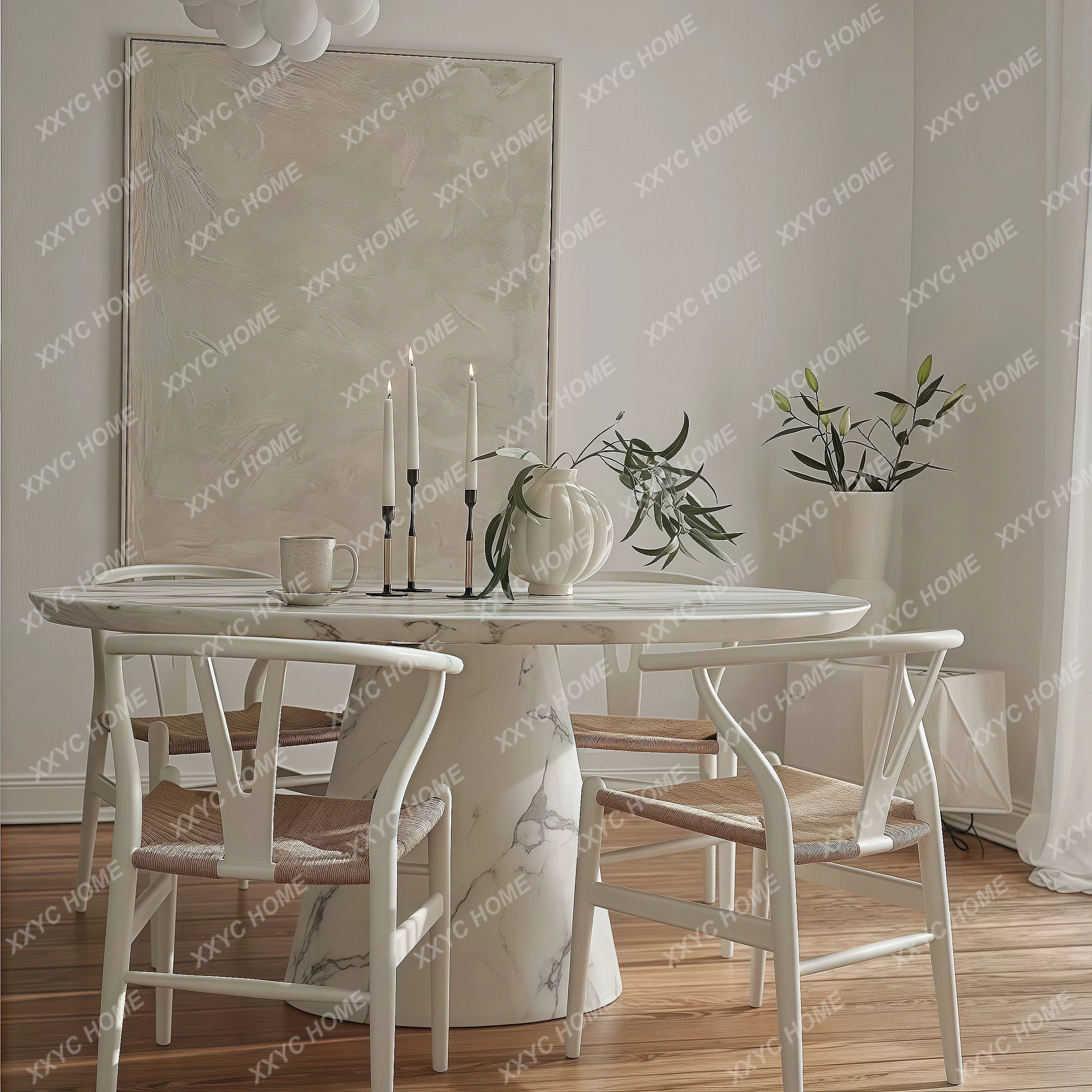 retro medieval   large white marble  light luxury small apartment  oval dining table