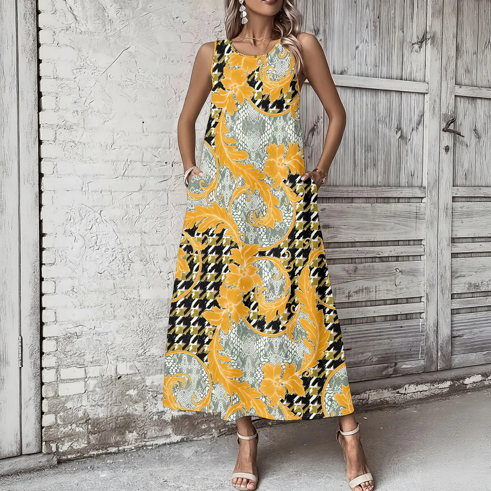 

Women's Summer Sleeveless Round Neck Long Dress, 3D Fashionable Printed Large Swing Dress.