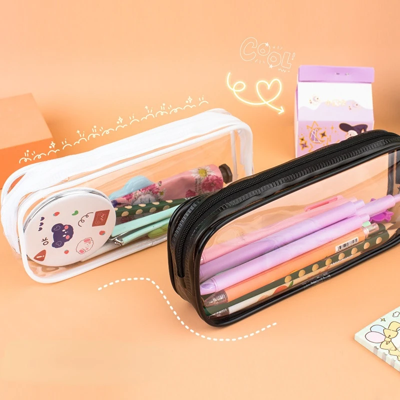 Kawaii Transparent Pencil Case Large Capacity Waterproof Pen Box for Girls Cosmetic Bag Stationery Office School Supplies