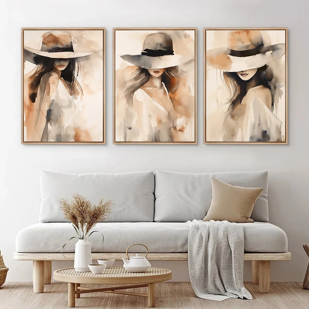 Black Coffee Canvas Painting Poster Print Living Room Nordic Wall Art Picture Modern Home Decor Abstract Portrait Woman with Hat