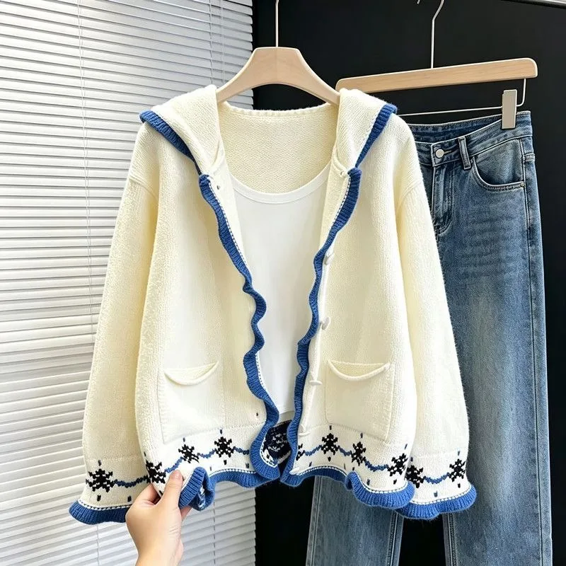 Women Hooded Jacquard Knit Cardigan Loose Soft Casual Sweater Coat