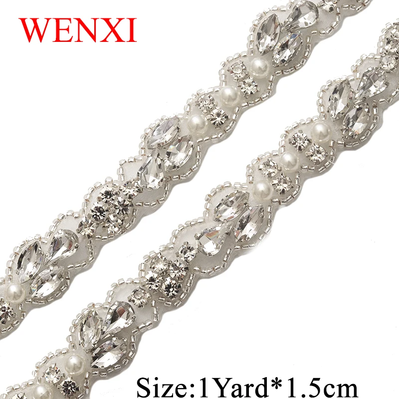 

WENXI 10YARD Crystal Rhinestone Applique Sewing On stick on Bridal beaded Trim For Wedding Dress Sash belt Haed band WX883