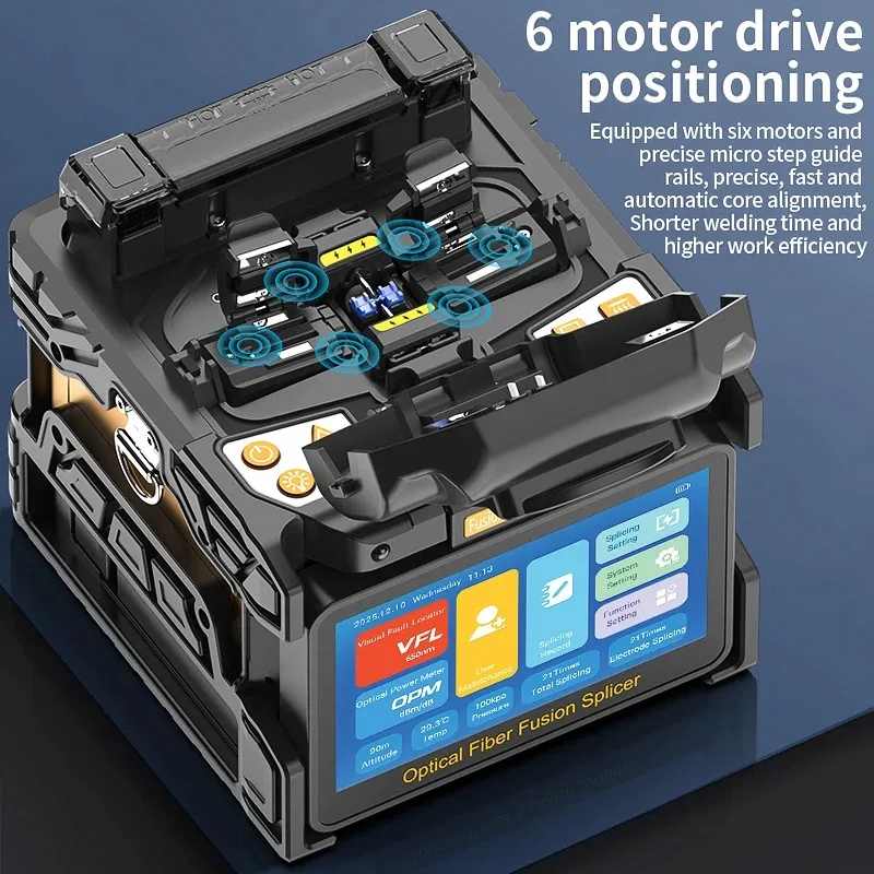 

A-10 Fully Automatic Fiber Fuison Splicer 6 Motors Multilingual Touch Screen Fiber Optic Core Hot Melt Machine Built-in VFL OPM