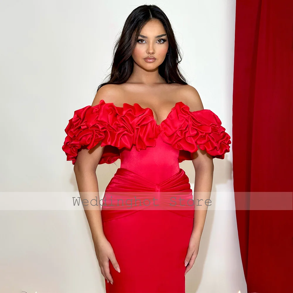 Luxury Evening Dress Red Off the Shoulder Sheath/Column Women's Evening Gowns Long Backless Pleats Lace Up Formal Prom Dresses