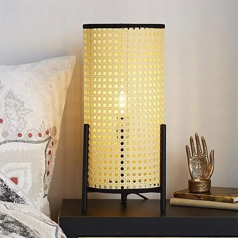 Lampu meja rotan gaya Pastoral Modern, lampu meja Led Jepang Tiongkok, dekorasi pencahayaan Interior ruang tamu belajar kamar tidur