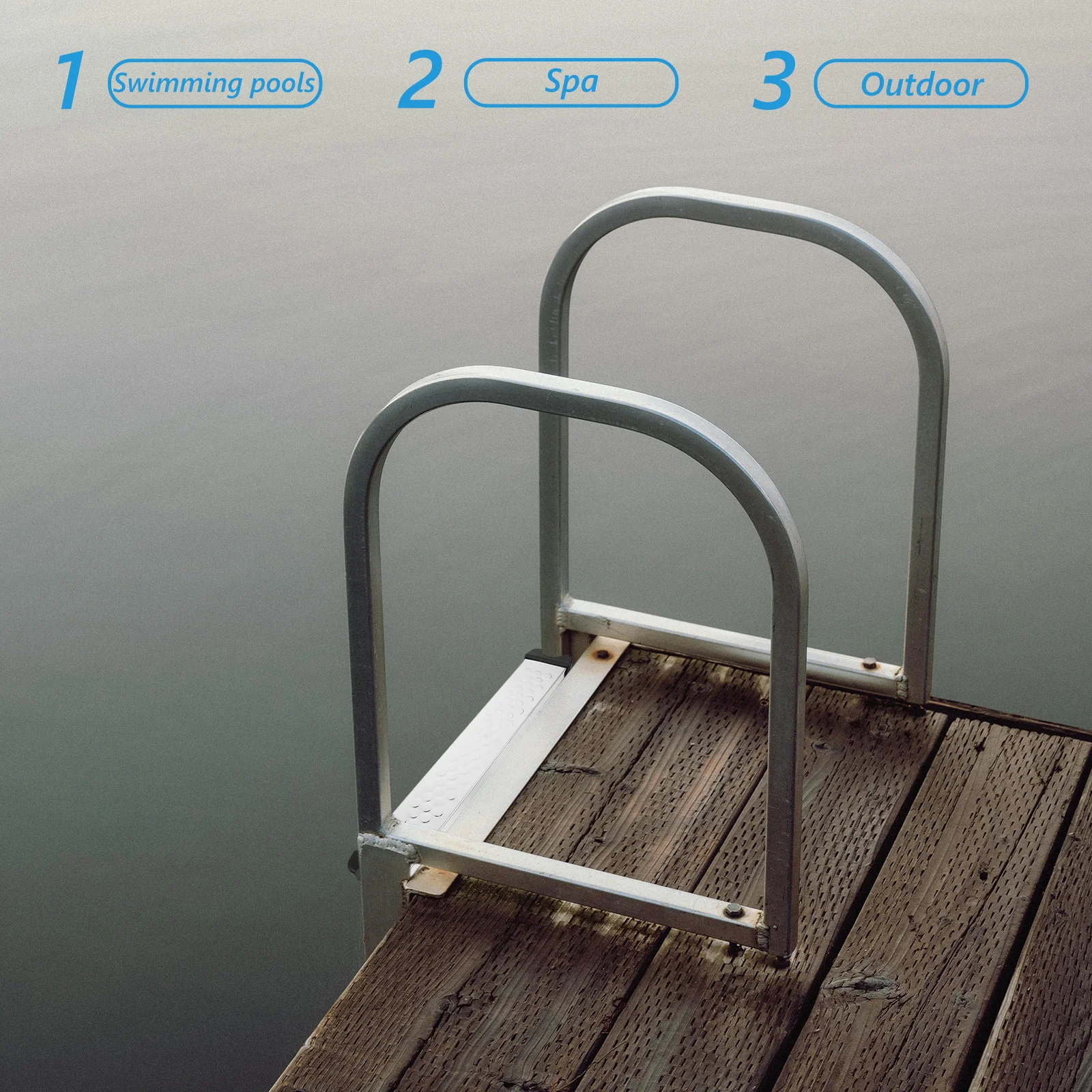 19.65 سلم حمام سباحة من الفولاذ المقاوم للصدأ عالي التحمل بدواسة مضادة للانزلاق لحمامات السباحة الداخلية فوق الأرض باللون الفضي