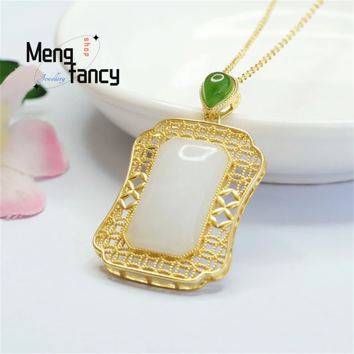 Natural S925 Silver Hetian White Jade Wushi Brand Hollow Out Necklace Simple Individualized Generous Fashion Luxury Fine Jewelry