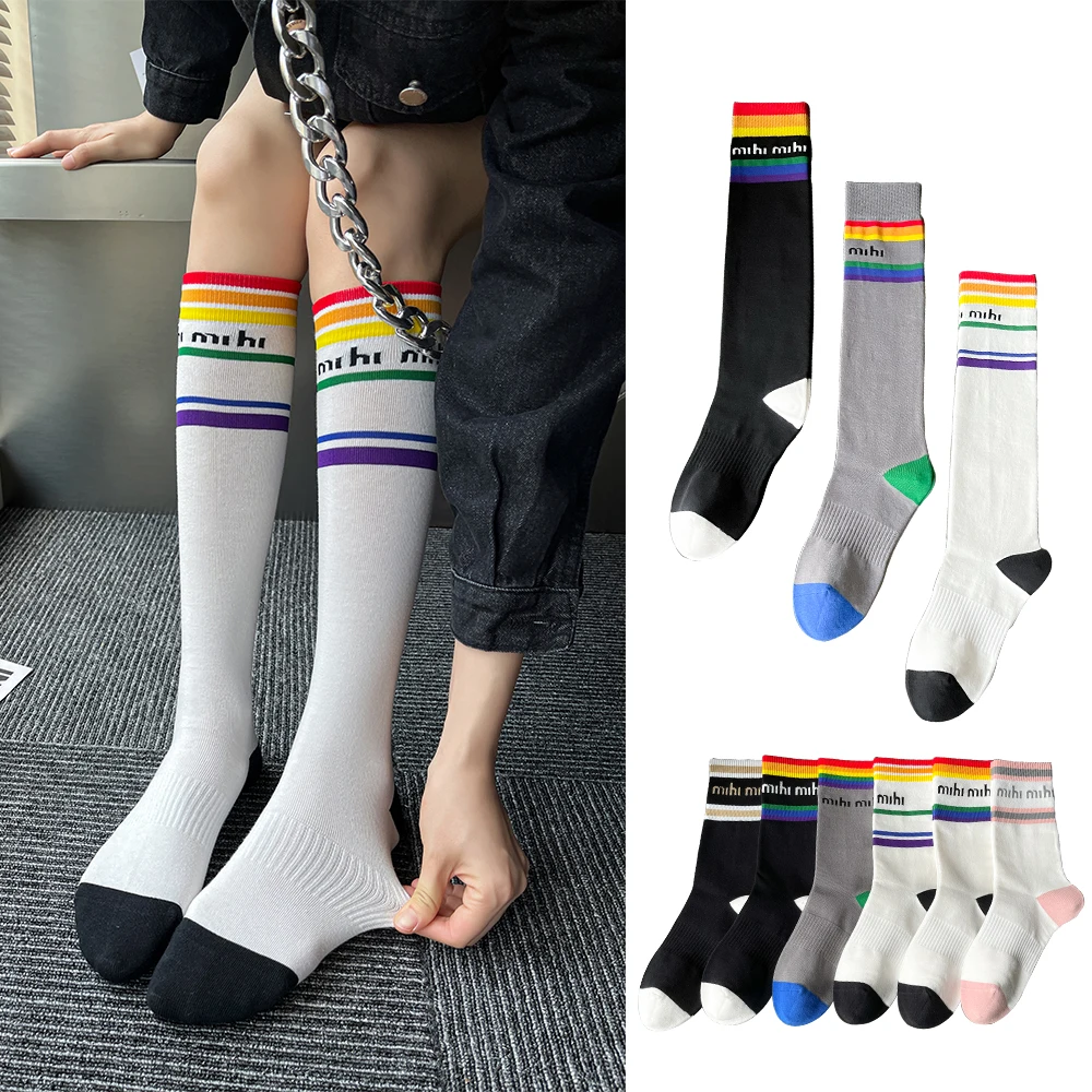 New Rainbow Women's Socks Ins Tide In The Tube Pressure Sports Fitness Yoga Stovepipe Running Half Cotton Letter Calf Stockings