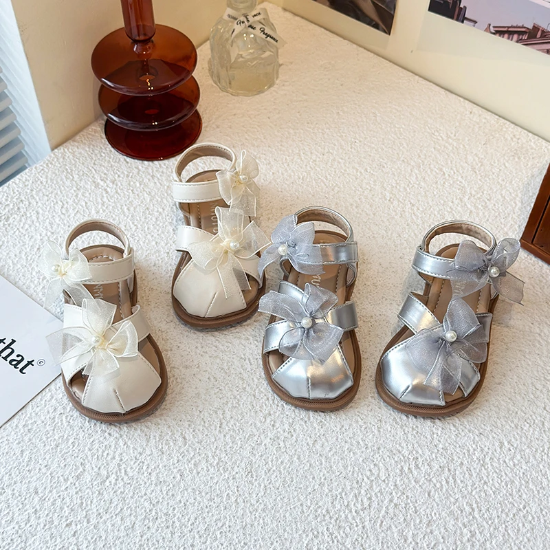 

Princess Sandals for Girls Mesh Butterfly Knot Toe-Covering Hollow out Beach Shoes Summer New Style Kids Size Medium to Large