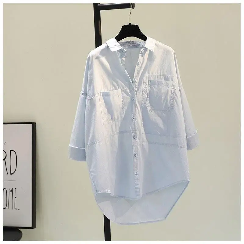 2024 Autumn Korean Edition Loose Double Pocket Mid length White Shirt Women's Design Sense BF Style Casual Shirt Trend
