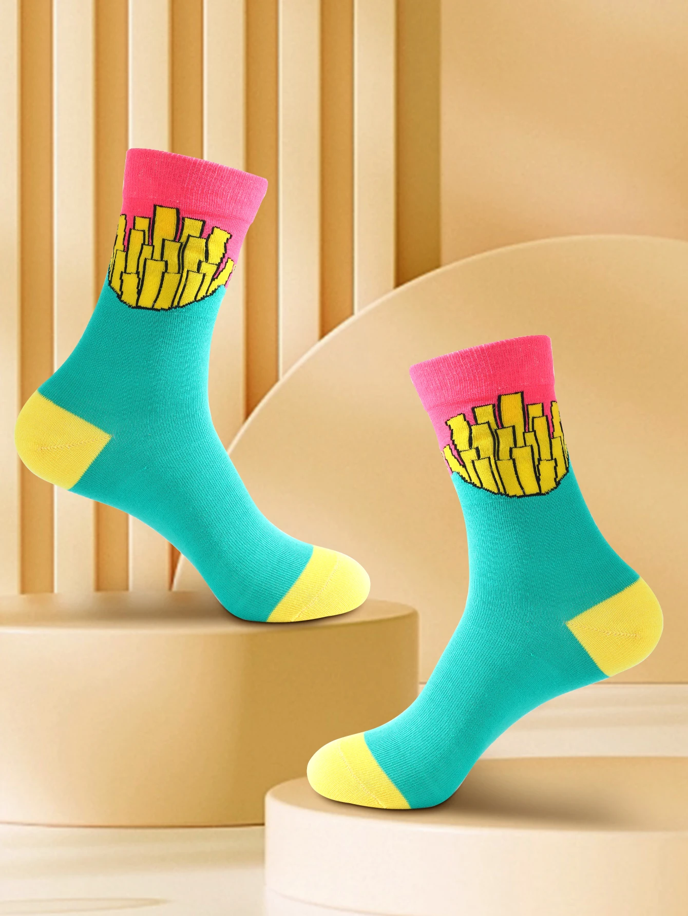 1 pasang kaus kaki unisex pertengahan betis dalam desain goreng Perancis yang baru, hadiah meriah yang unik dan menarik. Cocok untuk Paskah