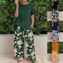 Loose T-shirt Blouses Long Pants Set Women's Summer Two-piece Set O-Neck Top Wide Leg Pants Casual Blouse Print Women Suit 4XL