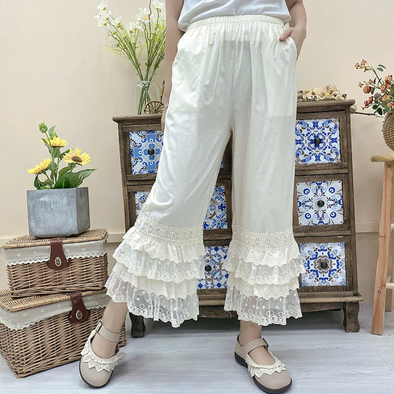 New Mori Girl Lace Elastic Waist Loose White Pants Women Clothes Casual Sweet Cotton Multi-Layer Embroidery Wide Leg Pants Z038