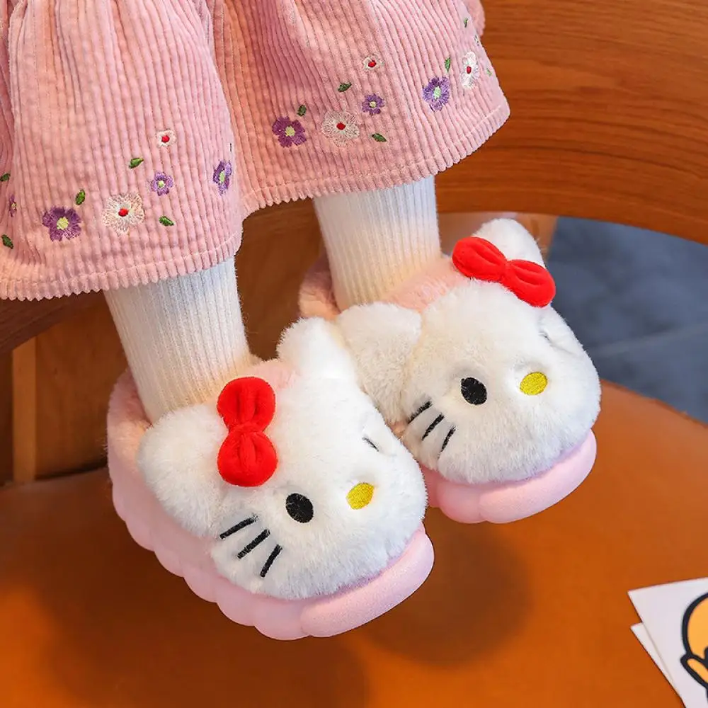 Anime Hello Kitty Kuromi Girl Cotton Parent-Child Slipper Melody Sanrio Cartoon Cute Kid Plush Warm Home Slippers Christmas Gift