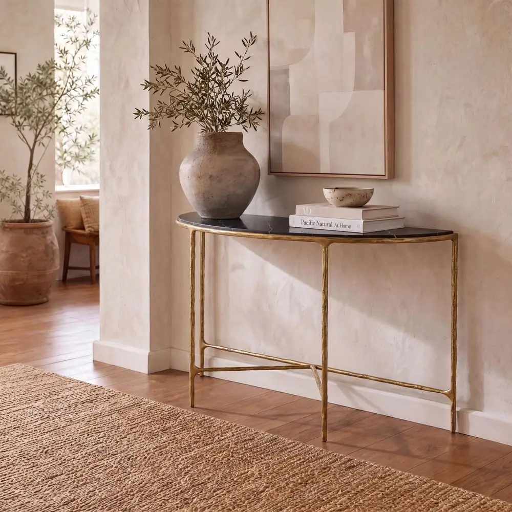 Couture Collection Jessa Brass Base amp Black Marble Top Half Moon Console Table, Fully Assembled
