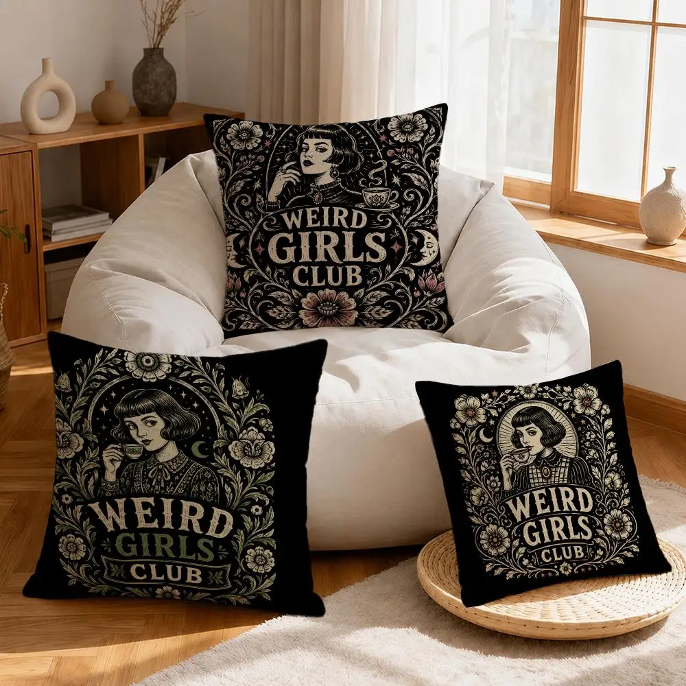 Art Weird Girls Club Dark Gothic Vintage Cushion Cover Linen Anti-Mite Antibacterial Cushion Cover Invisible Zipper Sofa Decor