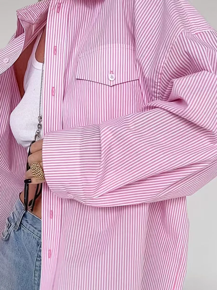 Faionable Pink Striped Loose Casual irt Women's Commute Sle Long Sve Button up Regular Length Striped irt