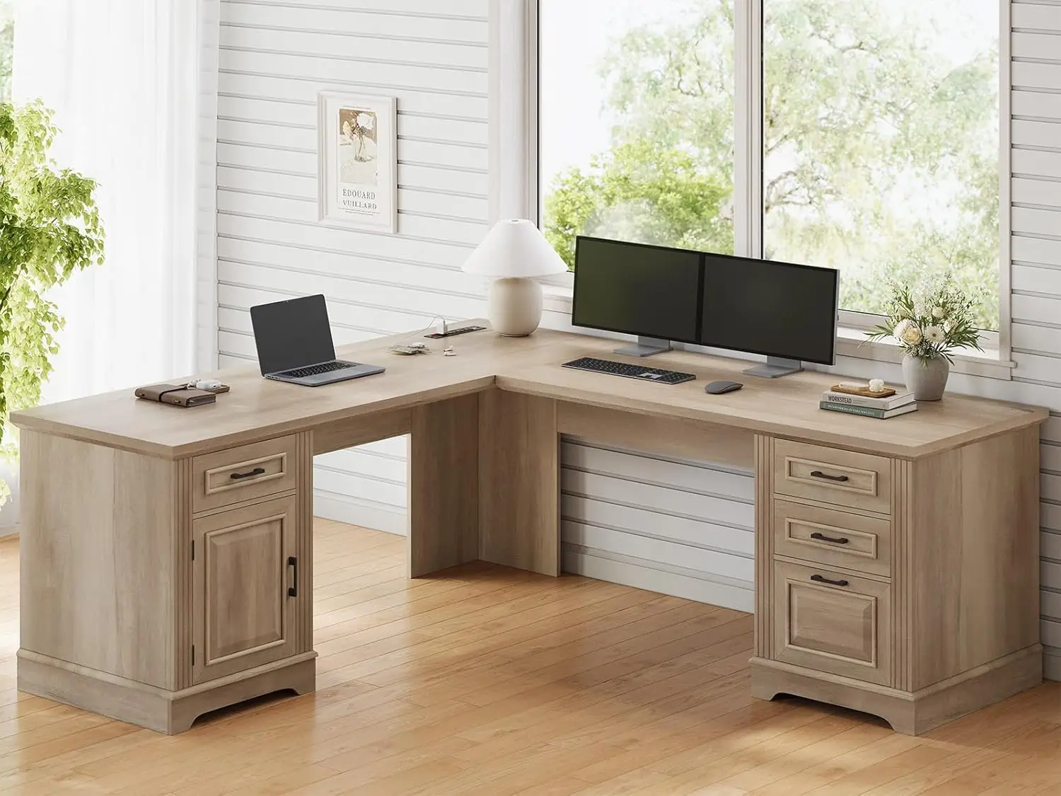

L Shaped Computer Desk with Drawers Storage Cabinet File Drawer Power Outlet Oak, Customized
