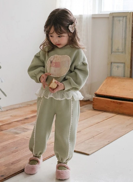 

Children Set 2025 Spring Autumn New Korean Girls Lace Cute Round Neck Hoodie Pant Two Piece Set