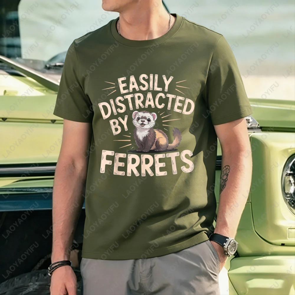 

Easily Distracted By Ferrets Graphic Print Unisex Cotton T-Shirt Casual Summer Wear Animal Lover Gift Trendy Outfit