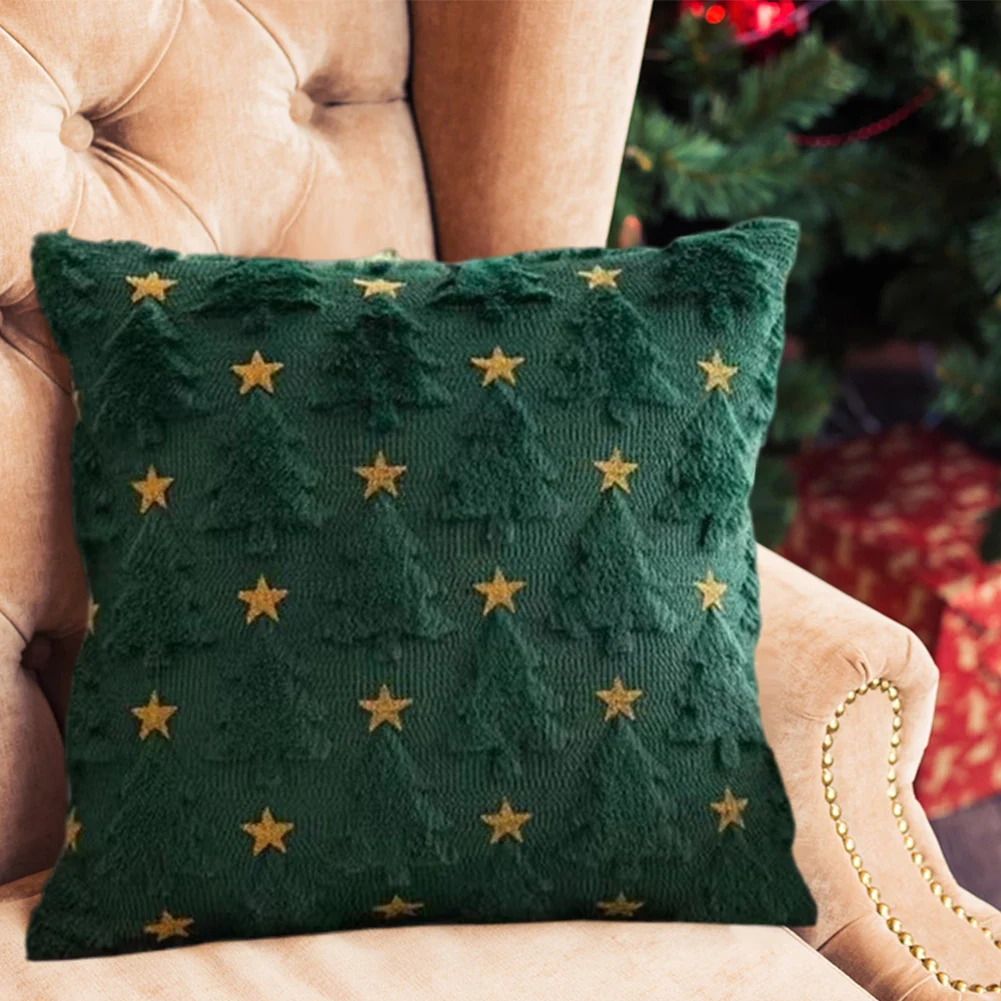 Christmas Tree Throw Pillow Cover with Yellow Embroidered Star Pillowcase Soft Living Room Decor for Winter Holiday Decoration