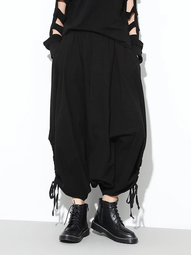 [EAM] High Elastic Waist Black Long Drawstring Harem Trousers New Loose Fit Pants Women Fashion Tide Spring Autumn 2024 1DE9505