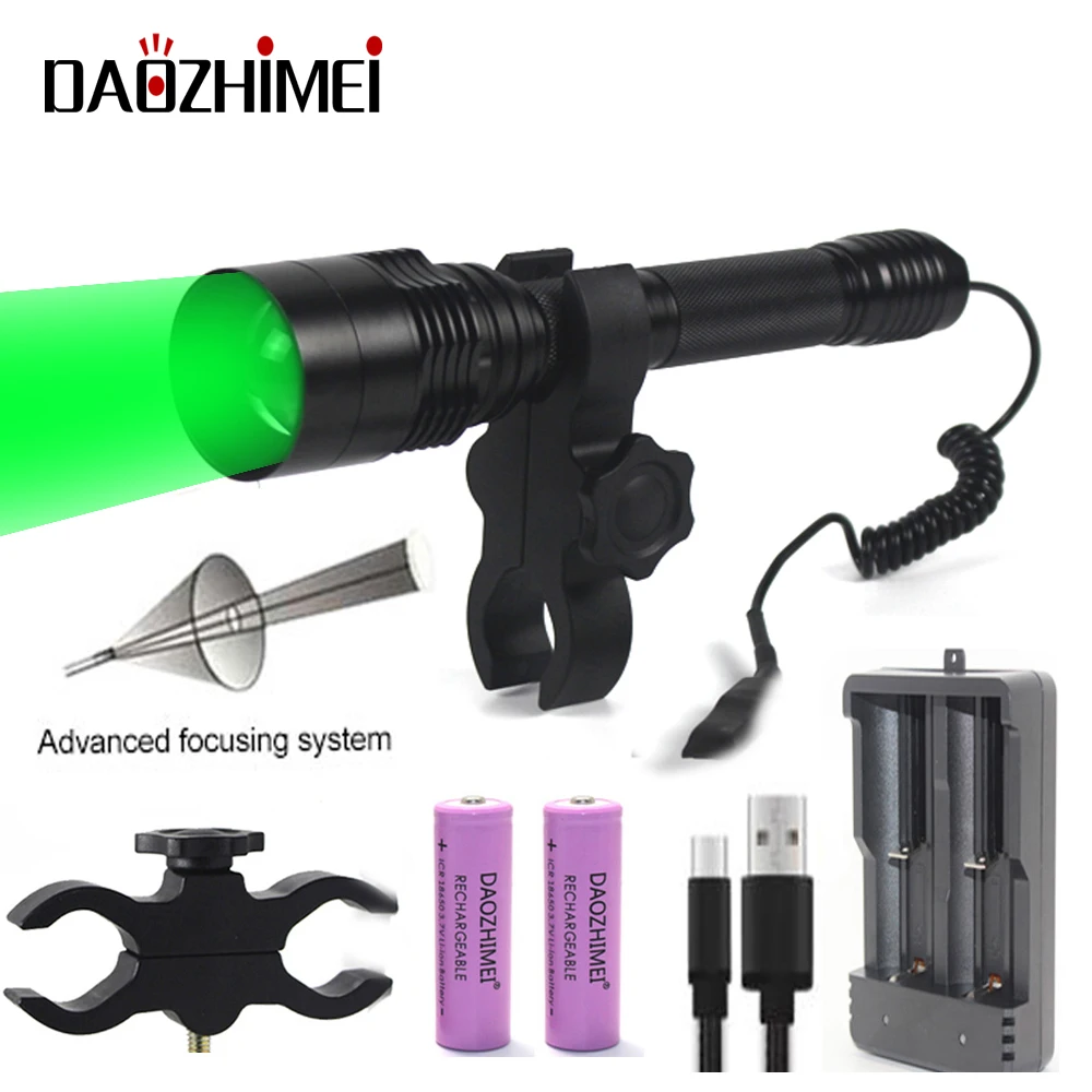 Outdoor Portable LED Tactical Flashlight 500Yards White Green/Red Light Zoomable Hunting Light+Scope Mount+Pressure Switch