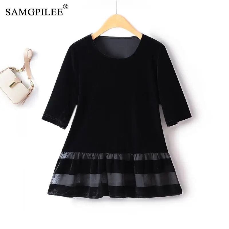 

Fashion Woman Blouse 2023 Bottom Shirt Autumn Half Sleeve Gold Velvet Y2k Clothing Hollowed Out O Neck Female Tops 4XL