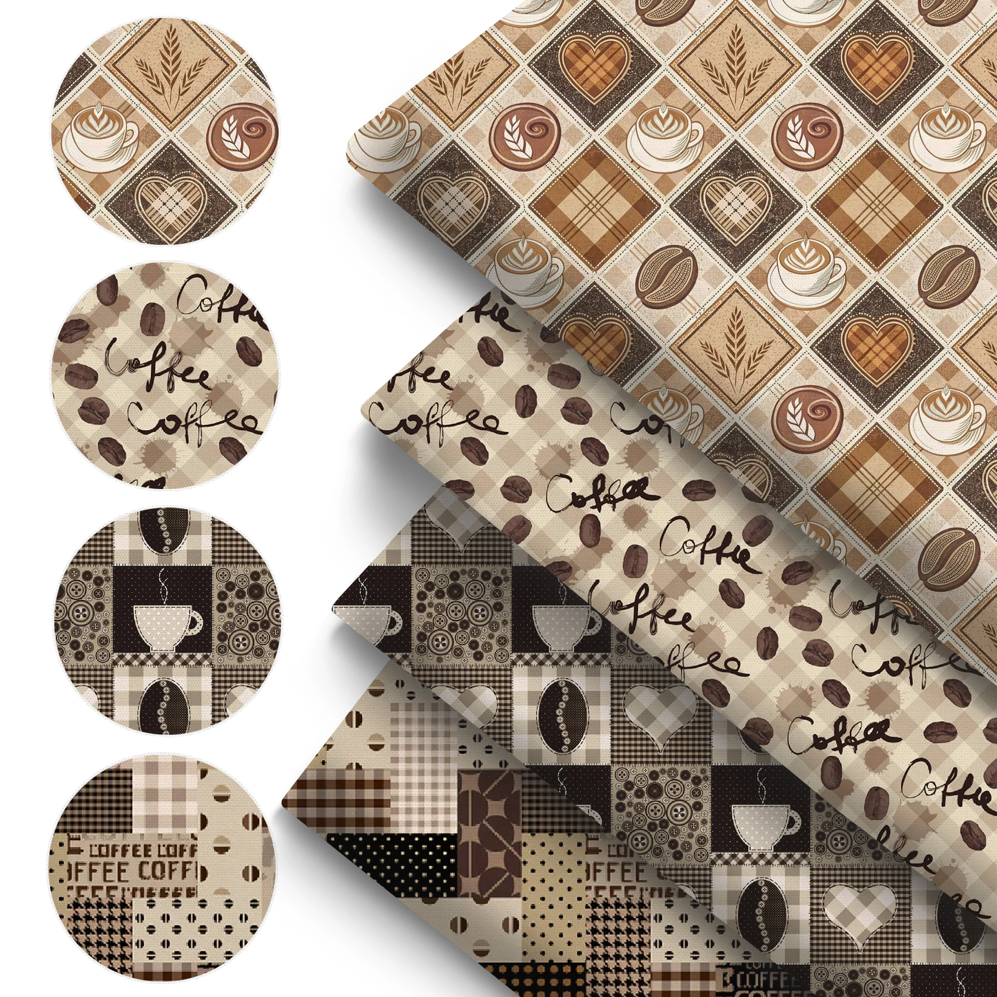 Pre-cut [Coffee Fabric Bundle] 4pcs/set Coffee Grid Coffee Bean Grind Style Fabric Bundle | 7.87x7.87 Inches (20x20cm) Polyester