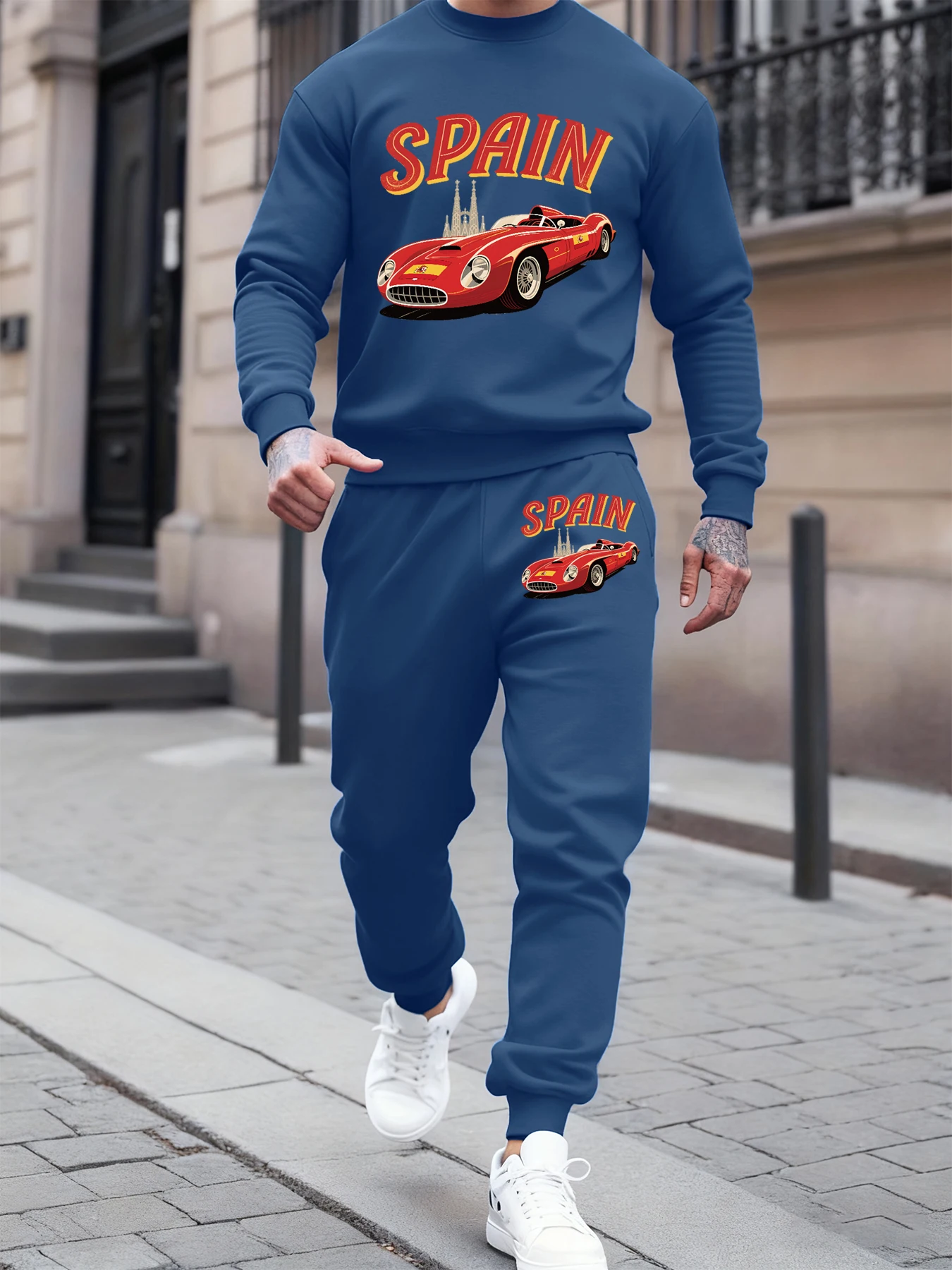 

Spain Retro Sports Car Printing Warm Sweatshirt Set Men Casual Loose Pullover Autumn Fleece Sweatpant Hipster Comfortable Pants