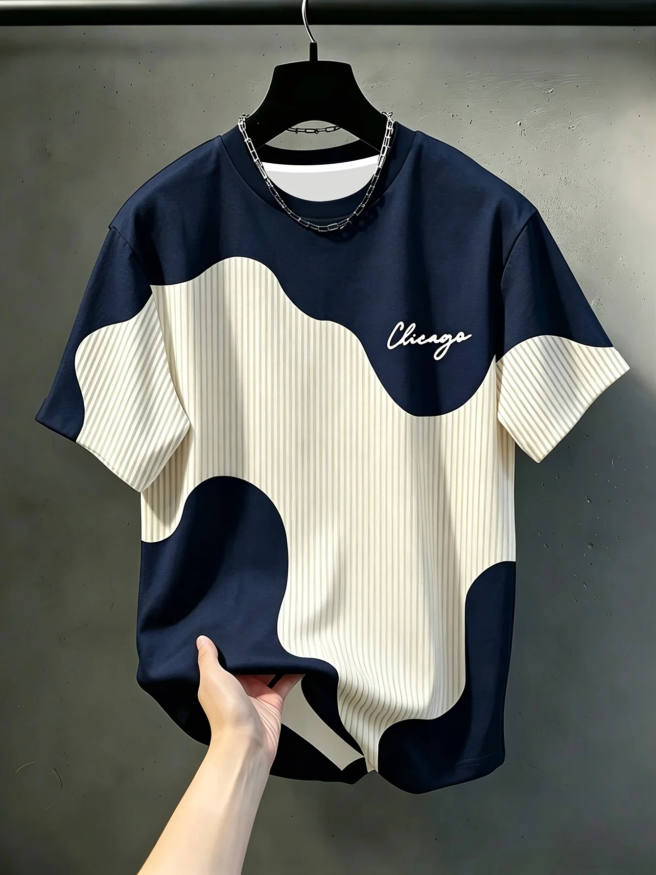 Men's casual crew neck T-shirt with geometric pattern and striped splicing design, a stylish top with good drape