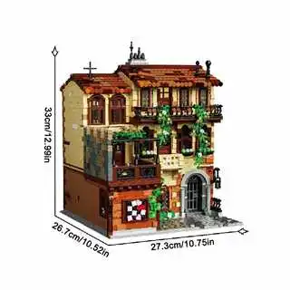 3800-teiliges Romeo und Julia Balkon-Baustein-Set,Mittelalterliche Europäische Straßenansicht Modulares Architekturmodell Bausteine Montage Spielzeug für Erwachsene, Sammlerstück Valentinstagsgeschenk