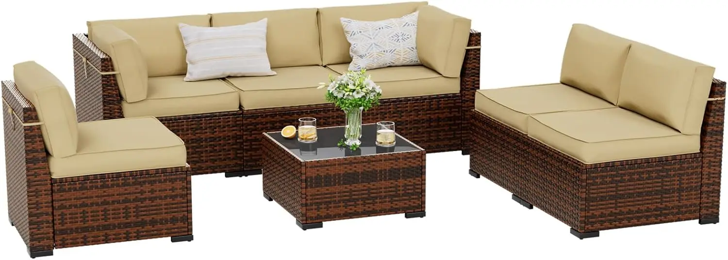 

7 Pieces Patio Furniture Set, Outdoor Furniture Sectional Rattan Sofa with Slanted Back, Patio Couch with Glass Coffee