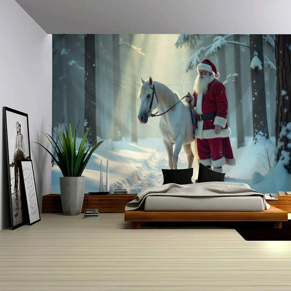 

Santa Claus and Horse Tapestry Snow Scene Snowman Wall Hanging Christmas Background Poster Home Decoration Fabric Mural