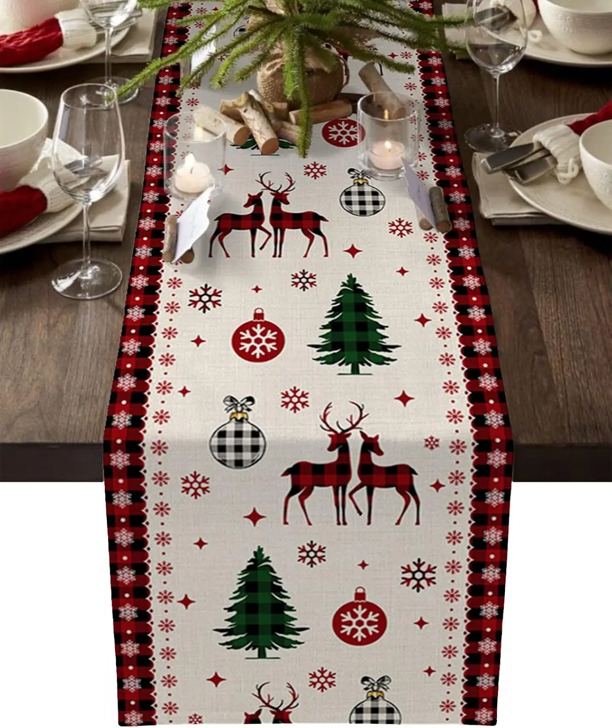 

Christmas Balls Snowflakes Linen Table Runner Holiday Party Decor Winter Xmas Kitchen Dining Table Runner Christmas Decorations