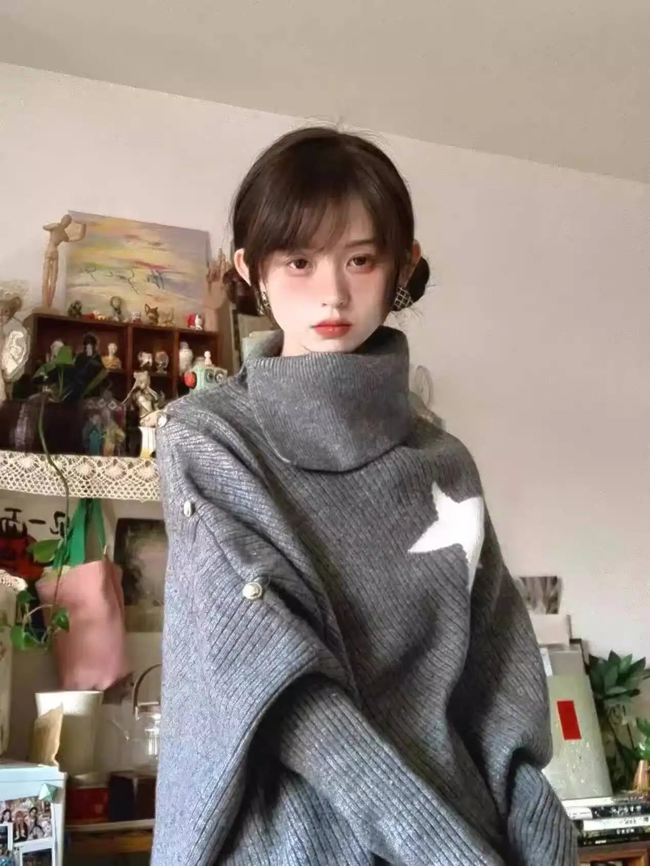 

Women's Knitting Sweater Autumn Winter Korean Style Irregular Sweater Loose Niche Gray Cape Turtleneck Star Knit Top